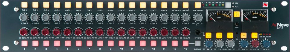 Front panel of a Neve 8816 summing mixer with rotary knobs, push buttons, a headphone jack, and level meter.