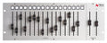 Silver audio mixer panel with 16 channel sliders, 16 buttons, and 2 main mix sliders labeled L and R.