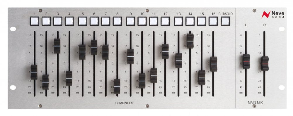 Silver audio mixer panel with 16 channel sliders, 16 buttons, and 2 main mix sliders labeled L and R.