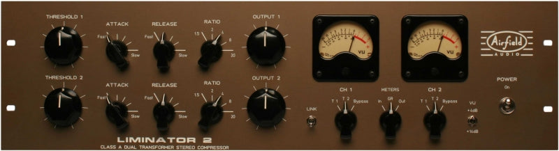 Front panel of Airfield Audio Liminator 2 stereo compressor with knobs, switches, and VU meters.