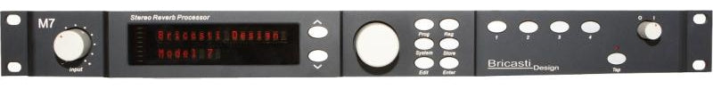 Front panel of a black stereo reverb processor labeled Bricasti Design Model 7 with various knobs and buttons.