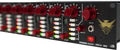 Black audio device with multiple red rotary knobs, LED indicators, and a 1/4 inch jack on front panel.