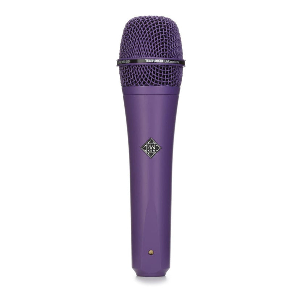 Purple handheld microphone with a mesh grille and TELEFUNKEN logo on the body and grille ring.