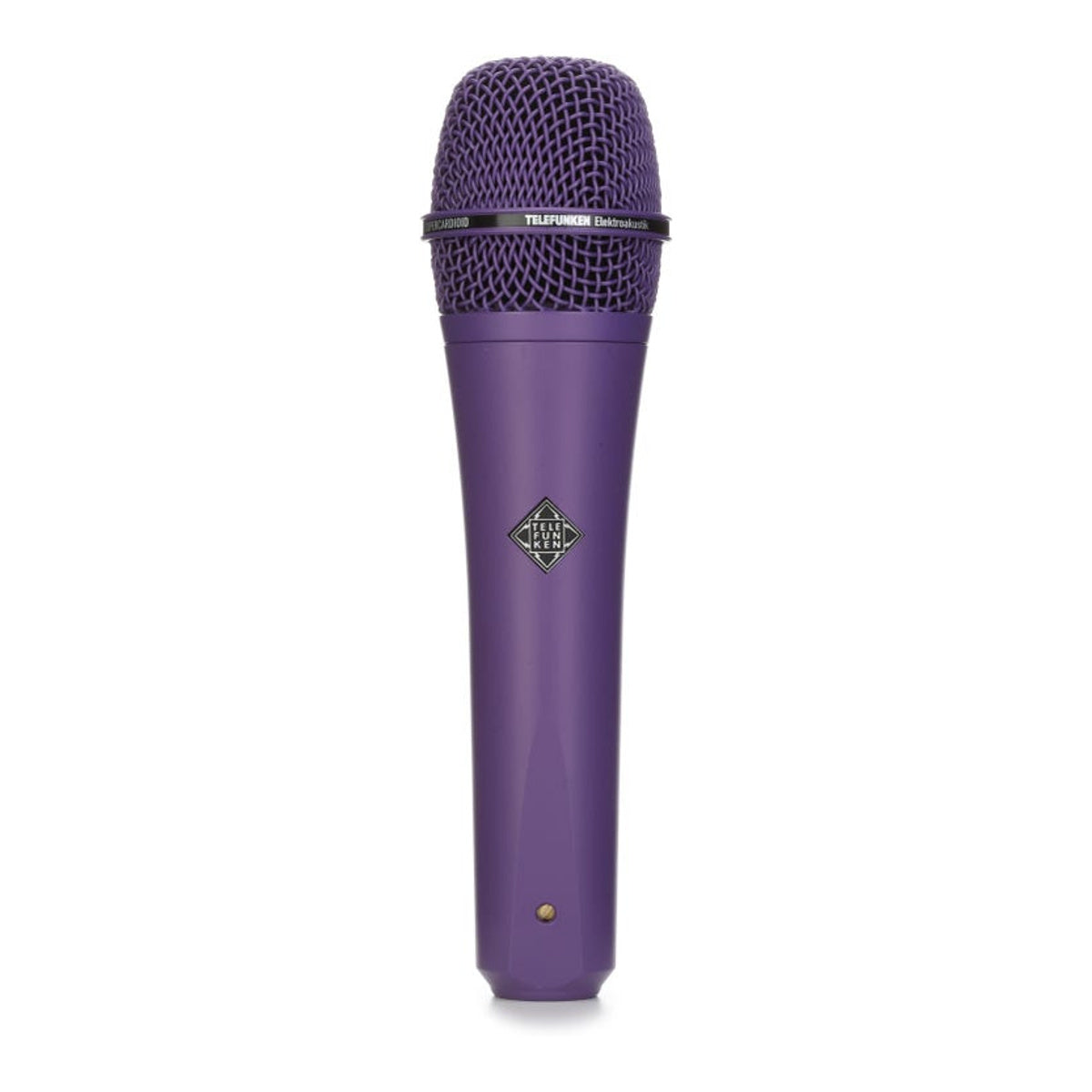 Purple handheld microphone with a mesh grille and TELEFUNKEN logo on the body and grille ring.