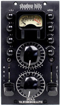 Black audio processor panel with meter, multiple rotary knobs, toggle switches, and markings for ratio, compression, and filter.