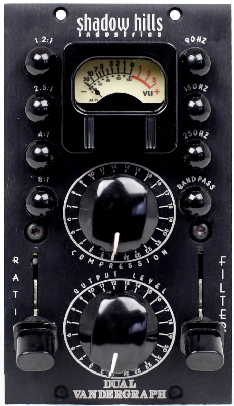 Black audio processor panel with meter, multiple rotary knobs, toggle switches, and markings for ratio, compression, and filter.