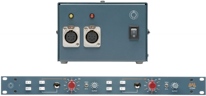Blue rackmount audio unit with 3-pin XLR and 1/4 inch jack inputs, rotary knobs, and toggle power switch.