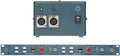 Blue rackmount audio unit with 3-pin XLR and 1/4 inch jack inputs, rotary knobs, and toggle power switch.