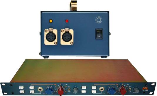 Blue rackmount audio unit with knobs and switches shown below a blue power supply with XLR connectors and indicator lights.