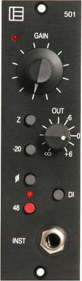 Front panel of a black audio module with rotary knobs, push buttons, LED indicators, and a 1/4 inch input jack labeled INST.