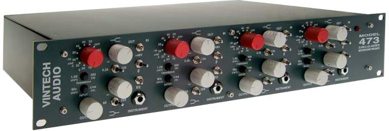 Rackmount audio pre-amplifier and equalizer unit with multiple rotary knobs and instrument jacks.