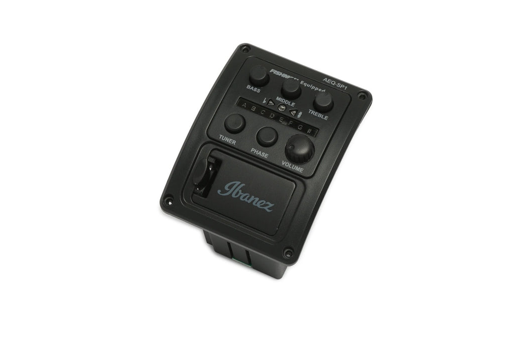 Black Ibanez preamp unit with bass, middle, treble knobs, tuner, phase button, and volume control.