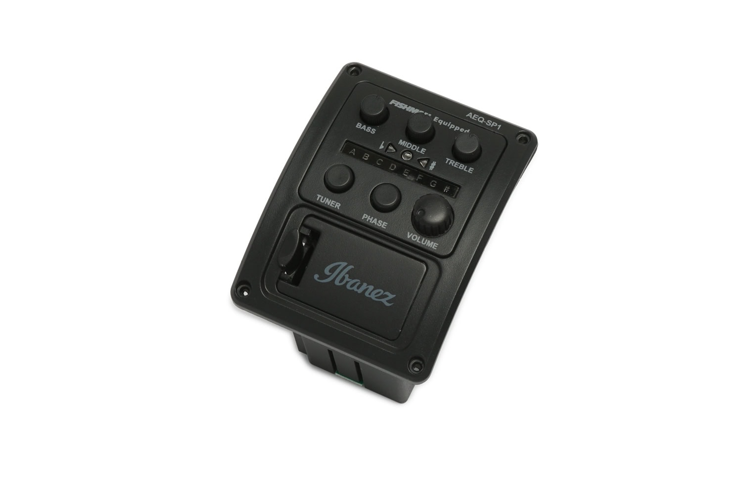 Black Ibanez preamp unit with bass, middle, treble knobs, tuner, phase button, and volume control.