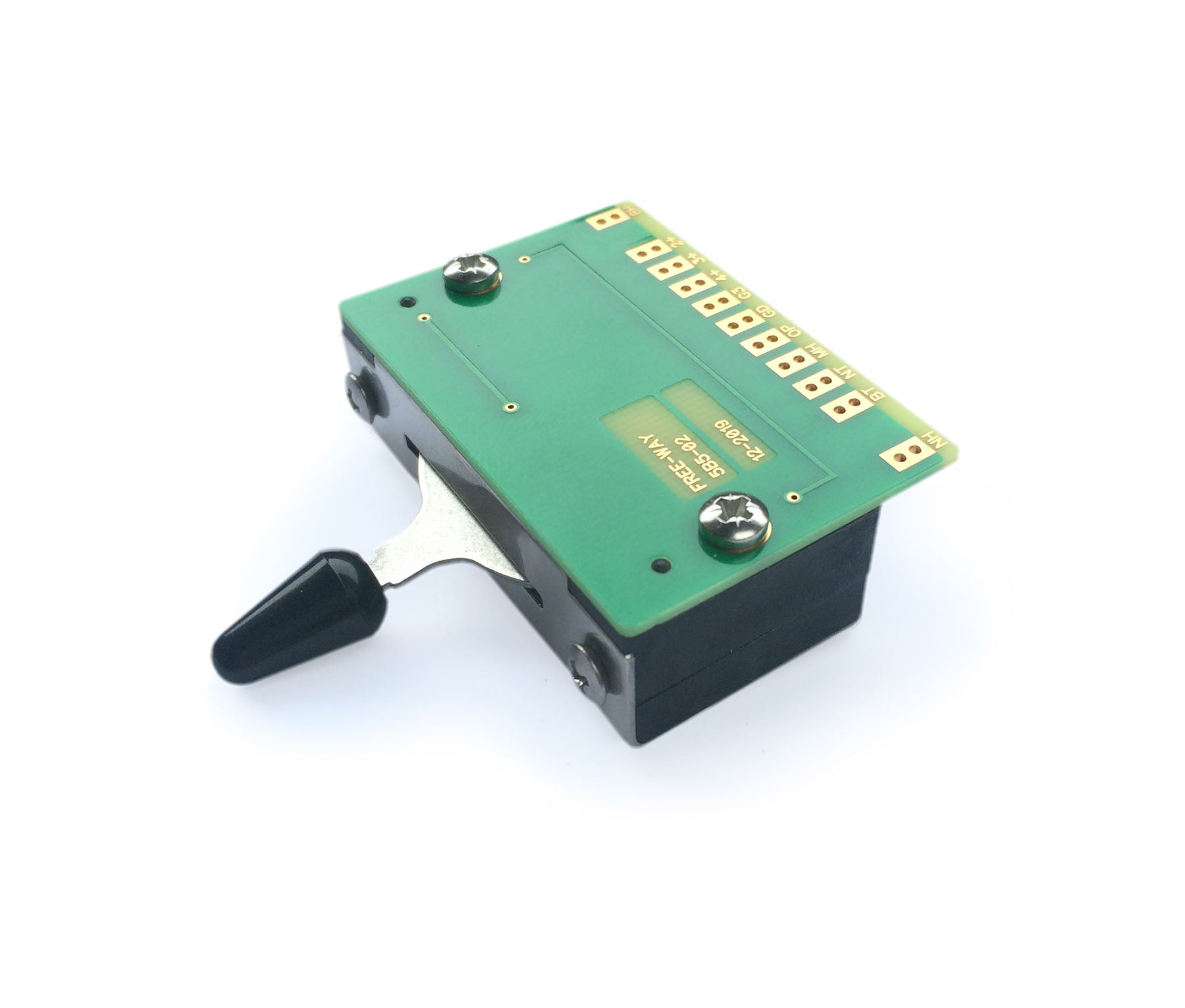 Close-up image of a green PCB toggle switch with black handle and multiple solder pads.
