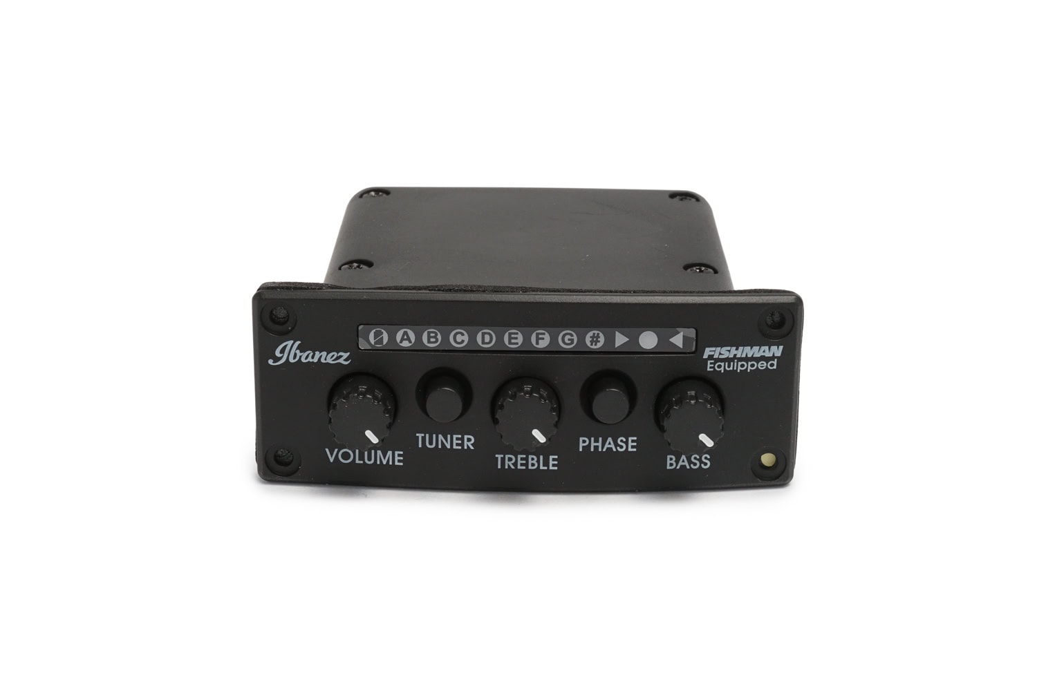 Black Ibanez guitar preamp control module with volume, treble, bass knobs, tuner and phase buttons.