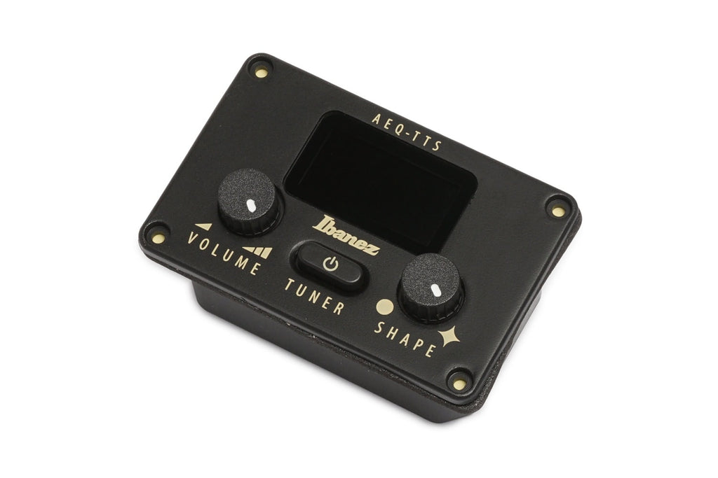 Black rectangular Ibanez preamp module with two knobs, a power button, and a tuner display screen.