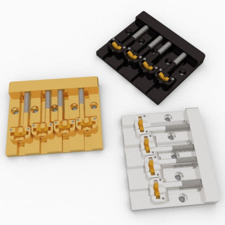 Three metal 4-string bass guitar bridges in black, gold, and silver colors shown on a white background.