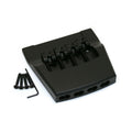 Black metal 4-string bass bridge with four screws and an Allen wrench on a white background.