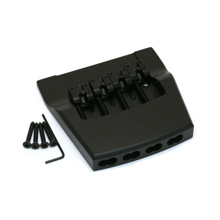 Black metal 4-string bass bridge with four screws and an Allen wrench on a white background.