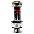Clear glass vacuum tube with metal pins and red Ruby branding on glass and white label around base.