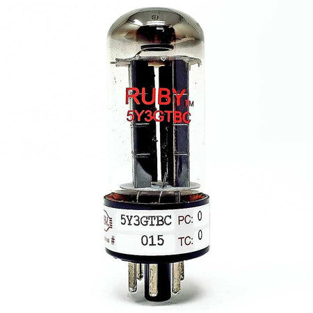 Clear glass vacuum tube with metal pins and red Ruby branding on glass and white label around base.
