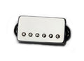 A silver humbucker guitar pickup with six adjustable pole screws and a black base.