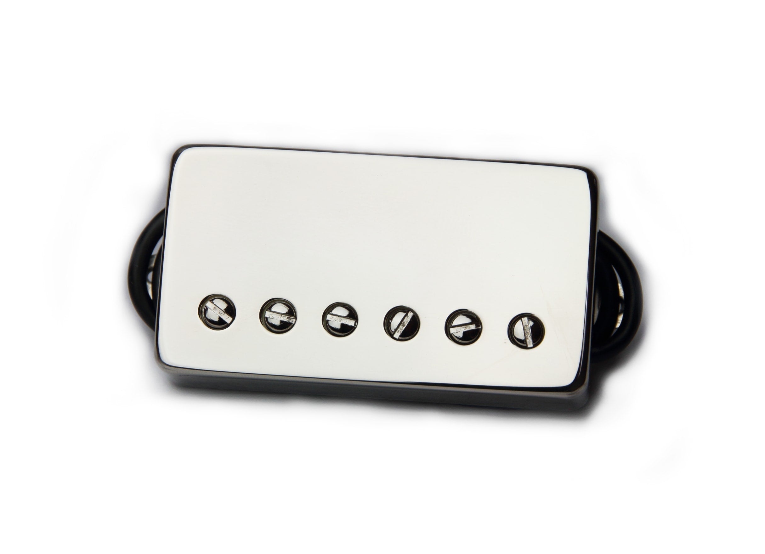A silver humbucker guitar pickup with six adjustable pole screws and a black base.