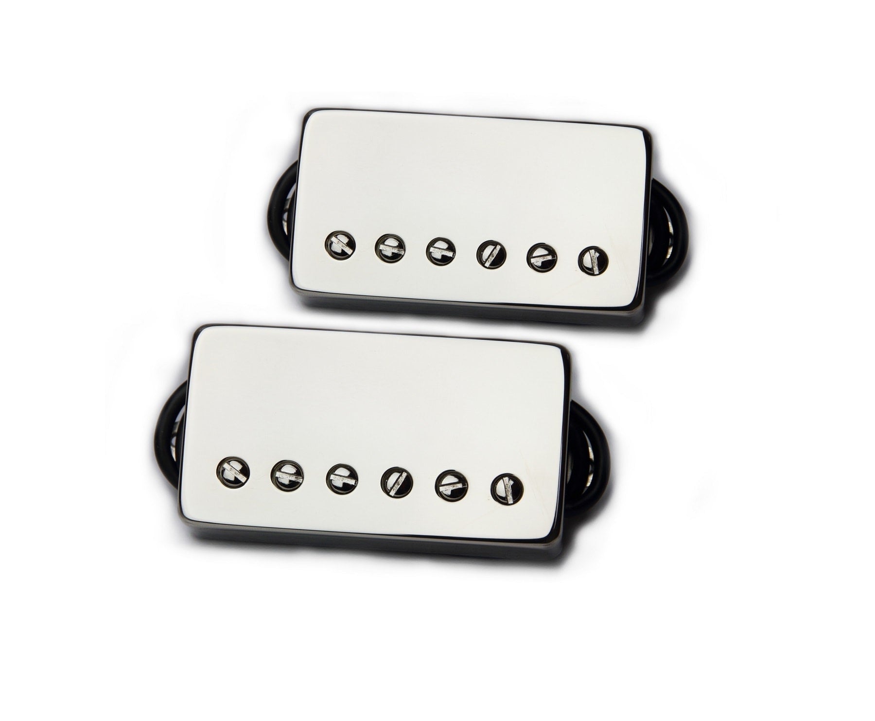 Two silver rectangular humbucker pickups with adjustment screws and black wiring.