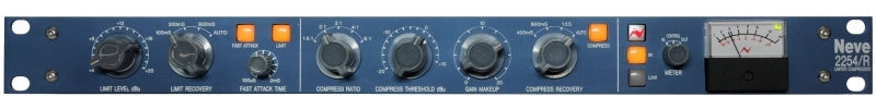 Blue AMS NEVE 2254/R audio processor with multiple knobs, buttons, a toggle switch, and an analog meter on the front panel.