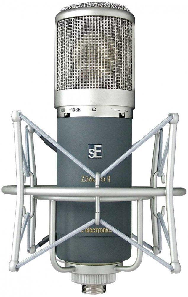 Silver and gray microphone with a mesh grille and shock mount, labeled with sE and Z5600a II.