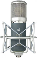 Silver and gray microphone with a mesh grille and shock mount, labeled with sE and Z5600a II.