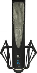 Black studio microphone with silver mesh grille and shock mount cradle on white background.