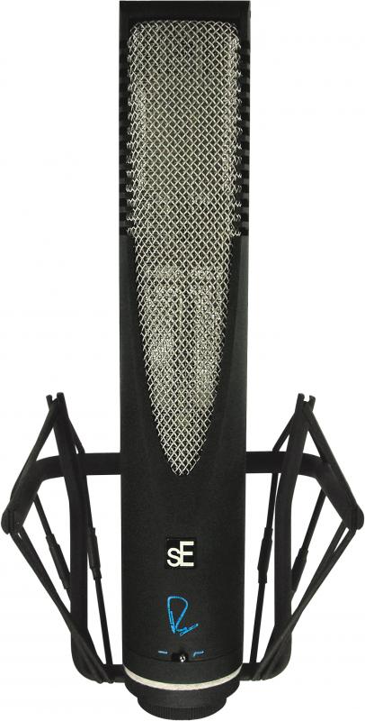 Black studio microphone with silver mesh grille and shock mount cradle on white background.