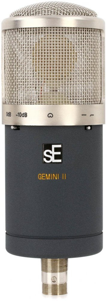 Front view of a sE Gemini II microphone with a metallic mesh grille and black body.