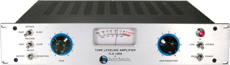 Front panel of a Summit Audio TLA-100A tube leveling amplifier with multiple knobs, switches, and a VU meter.
