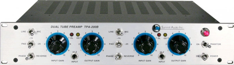Front panel of a Summit Audio Inc. Dual Tube Preamp TPA-200B with knobs and switches for audio control.