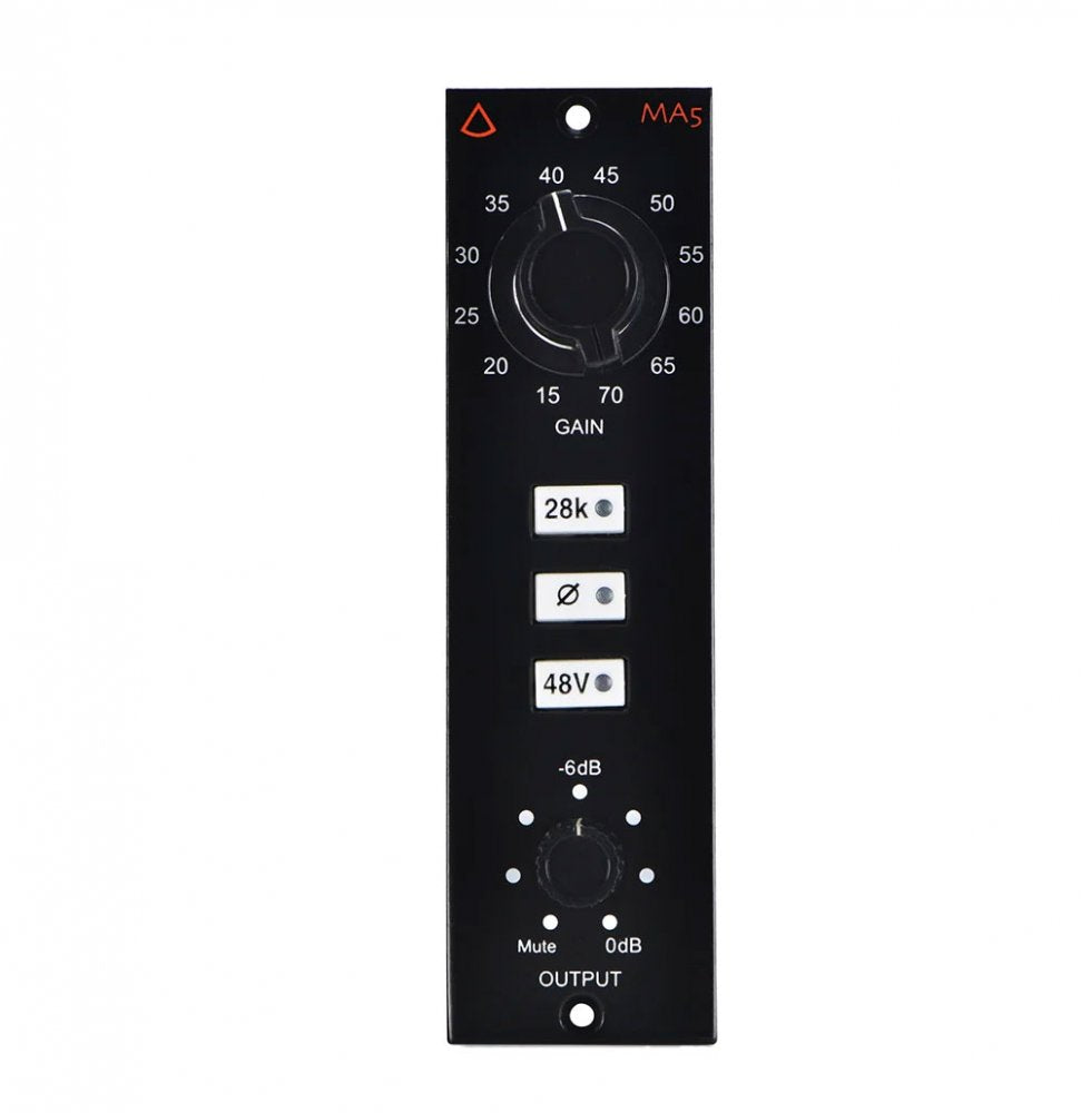Front panel of a black audio device with gain knob, three push buttons, and output control knob.