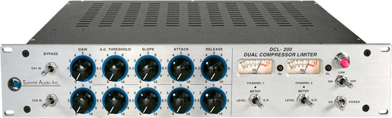 Front panel of a dual compressor limiter audio processor with knobs, toggle switches, and analog meters.