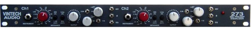 Front panel of a Vintech Audio 273 unit with dual channel controls including knobs, switches, and input jacks.