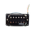 Black humbucker guitar pickup with a rectangular mounting frame and colored wire leads.