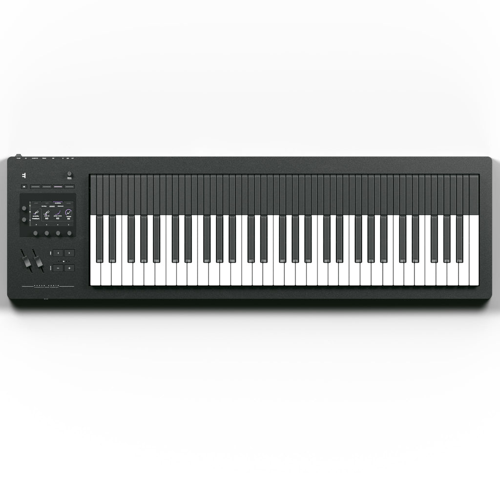 Black and white digital keyboard synthesizer with a touchscreen and various controls on left side.