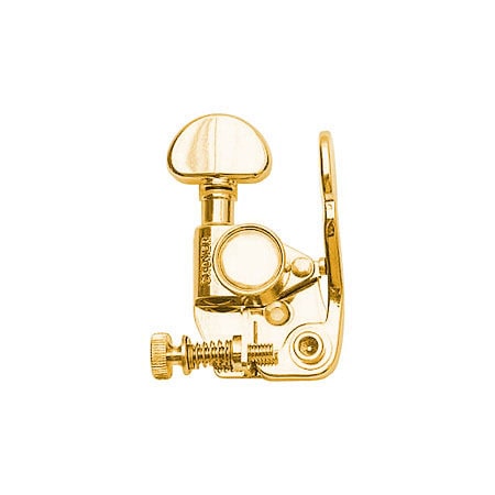 Gold-colored guitar tuning machine with adjustment screw and mounting hole.