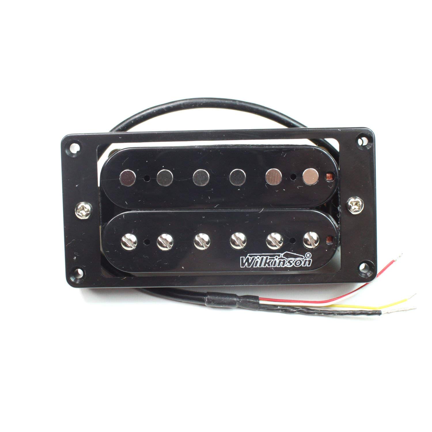 Black electric guitar humbucker pickup with mounting frame and three wires extending from it.