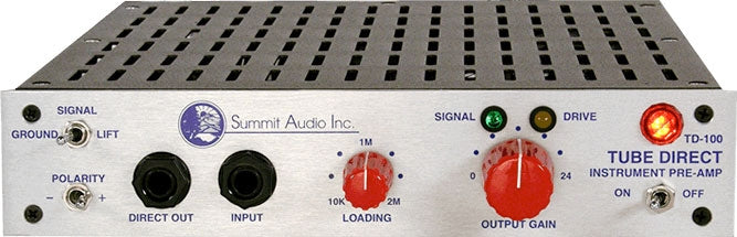 Silver audio instrument pre-amp with black input jacks, red control knobs, and labeled signals and switches.