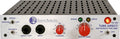 Silver audio instrument pre-amp with black input jacks, red control knobs, and labeled signals and switches.
