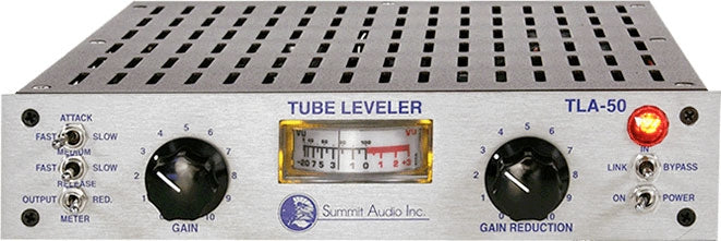 Front panel of Summit Audio TLA-50 tube leveler with knobs, switches, and a VU meter.