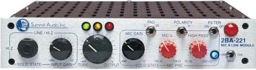 Front view of Summit Audio 2BA-221 microphone and line preamplifier unit with knobs, switches, and connectors.