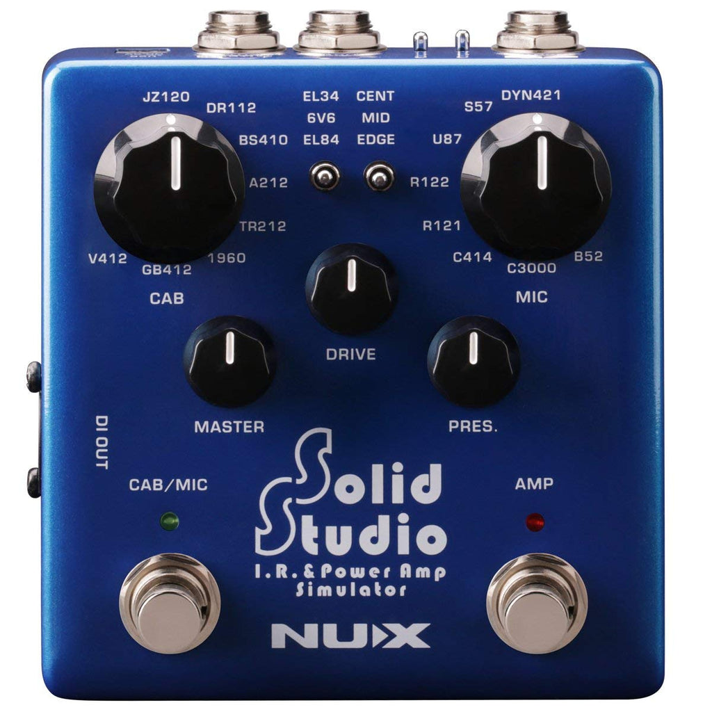 Blue guitar pedal with knobs, toggle switches, and footswitches labeled Solid Studio by NUX.