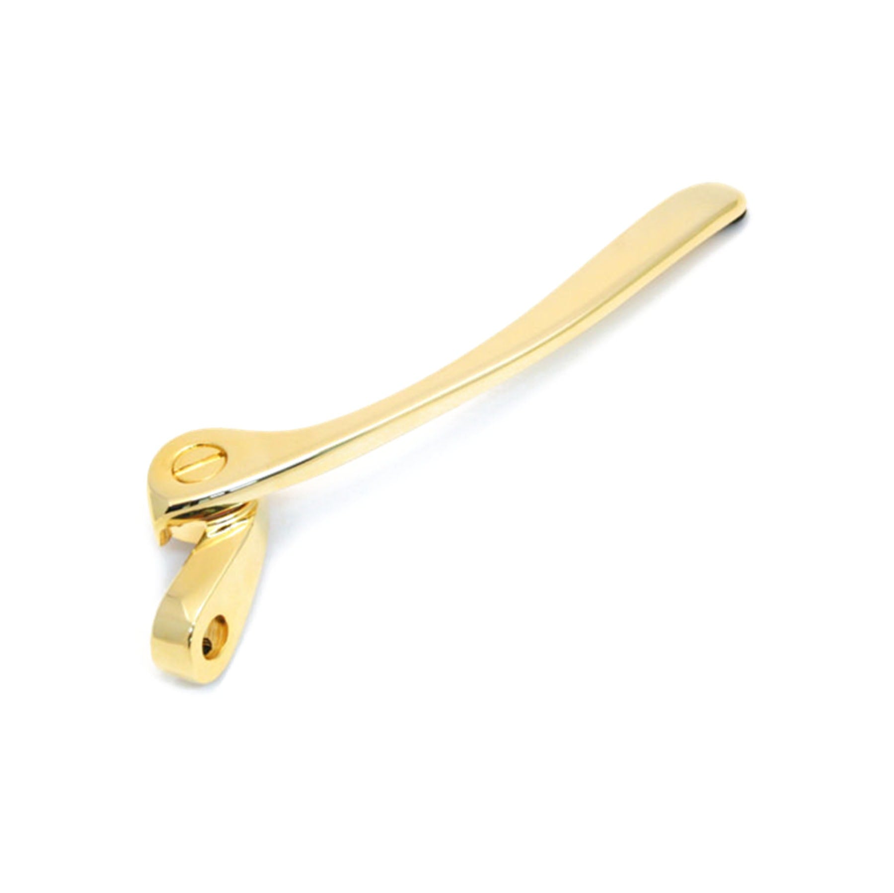 Gold-colored metal swing arm with hinge and a screw, isolated on white background.