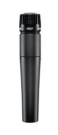 Black handheld dynamic microphone with metal mesh grille and 'SM57' text.